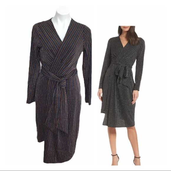 Sam Edelman Pinstripe Metallic Faux Wrap Midi Dress New Size 10 - Picture 4 of 13